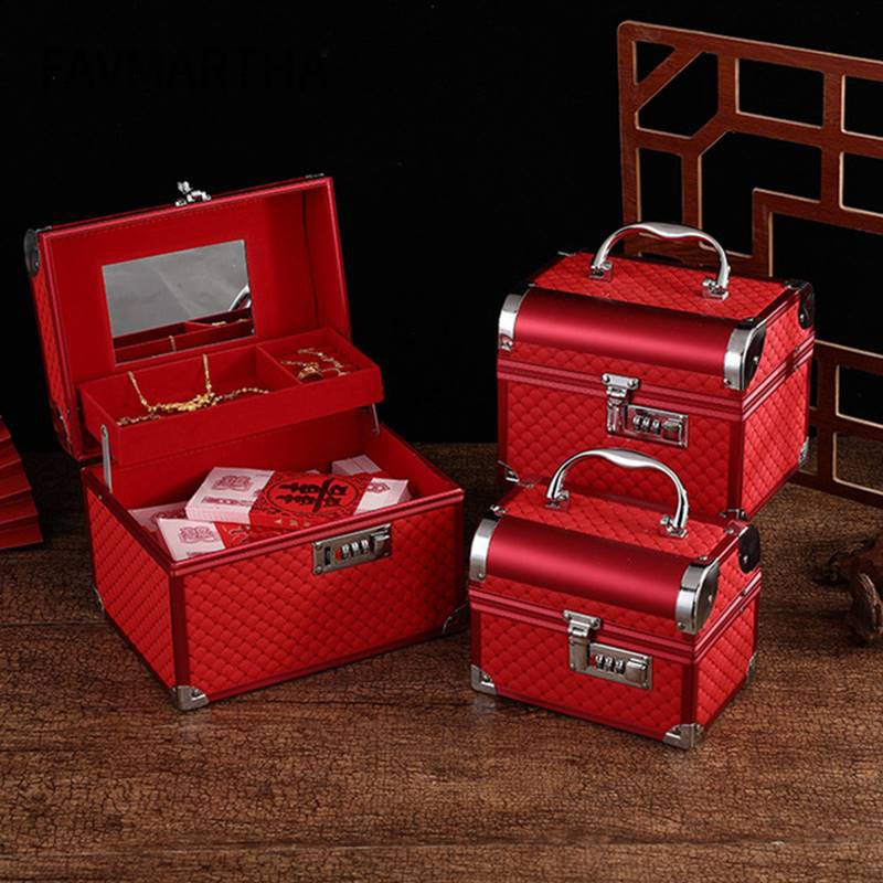 红色结婚新娘婚庆嫁妆皮箱官箱复古陪嫁箱小礼金箱化妆箱手提箱子