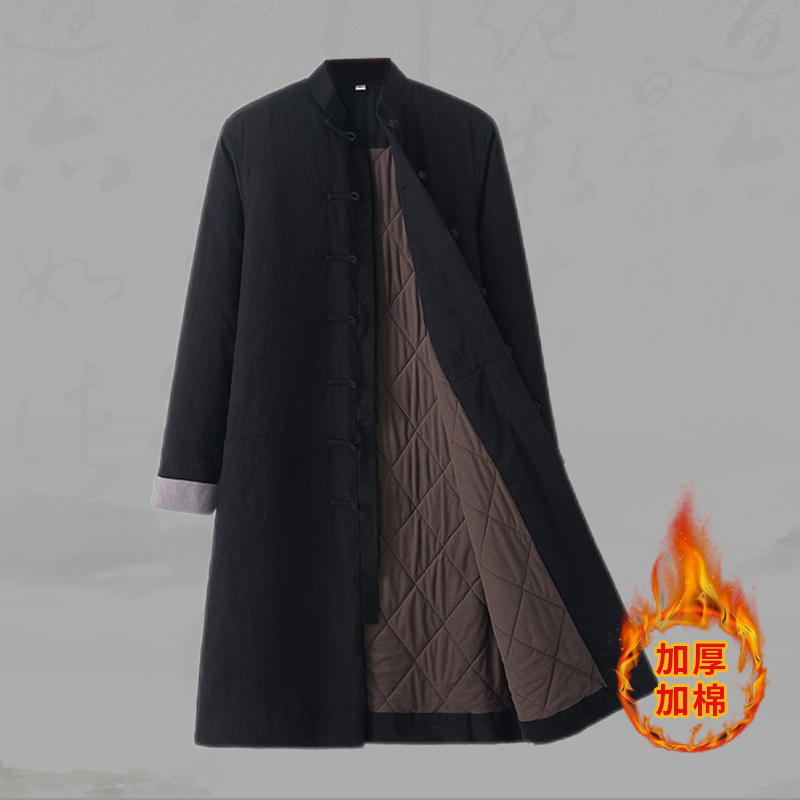 中式唐装长款棉袄冬季加厚保暖风衣青年外套道袍居士服汉服中国风