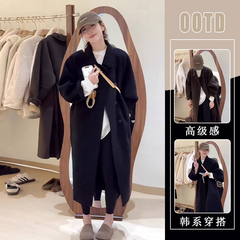 韩系通勤设计感纯色翻领毛呢外套女2025秋冬新款高级感宽松大衣潮