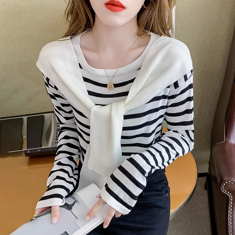 披肩假两件长袖T恤女2025秋秋季新款条纹针织衫独特别致秋季上衣