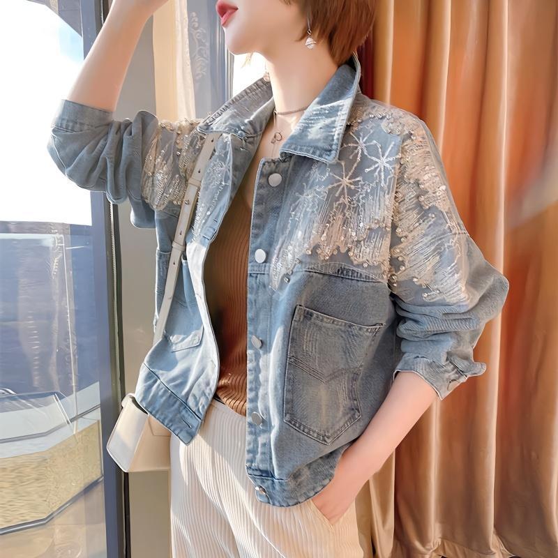 2025春秋季新款牛仔外套女款宽松休闲重工烫钻网纱长袖短款上衣潮