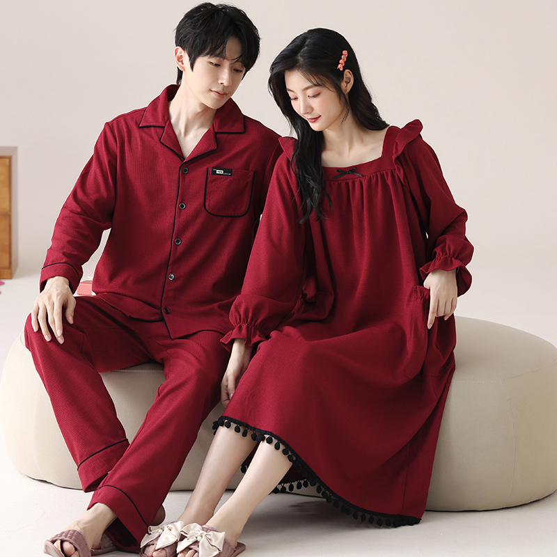 红色睡衣情侣结婚新婚秋款套装纯棉孕妇睡裙大码男士秋冬季家居服