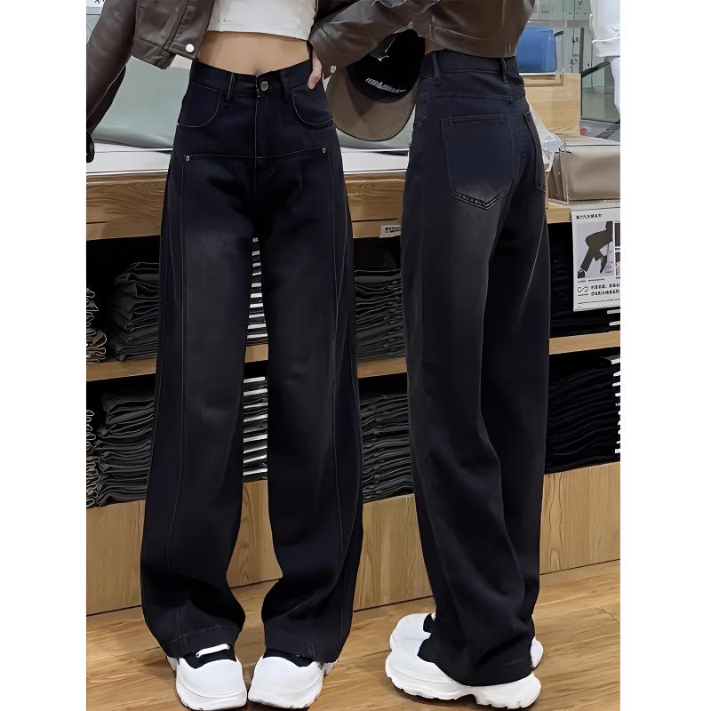 大码黑色阔腿牛仔裤女2024春季新款加绒小个子胖mm显瘦直筒拖地裤
