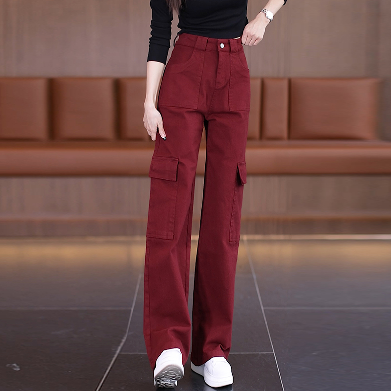 酒红色美式工装裤子女秋季2025新款爆款高腰显瘦百搭安哥拉红