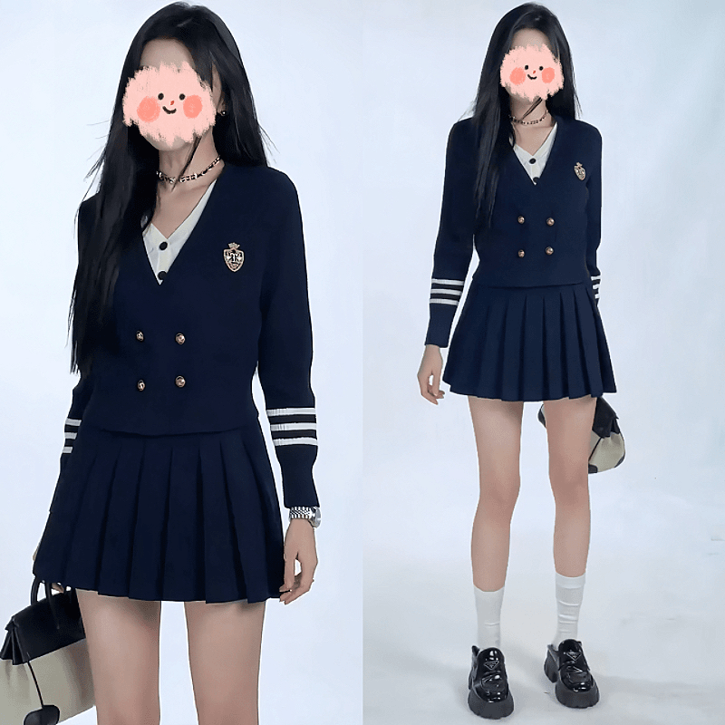 减龄时尚女装套装显瘦短裙高腰学院风百褶裙子+针织衫上衣洋气潮