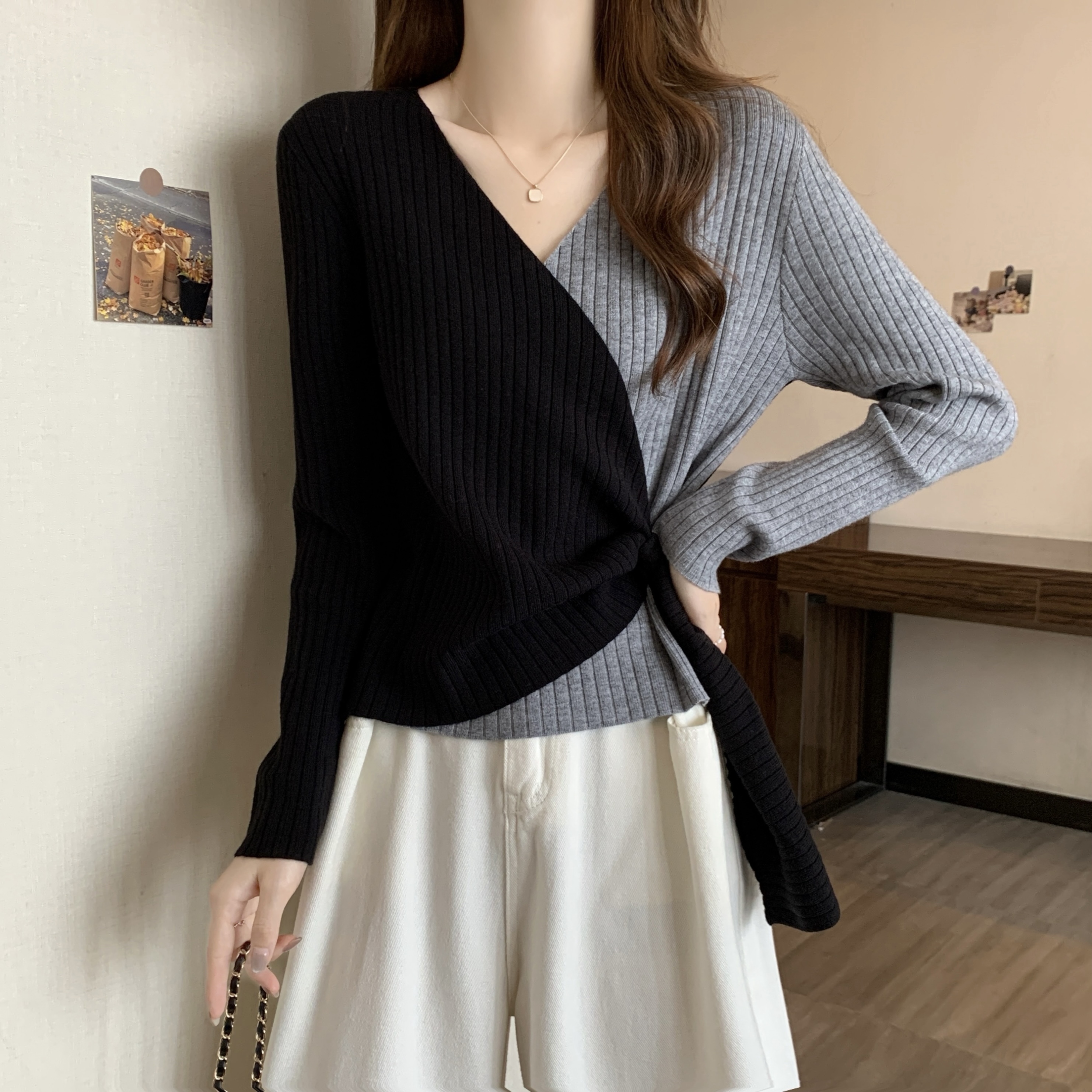 小众不规则撞色内搭t恤毛衣女秋冬大码胖mm修身显瘦设计感针织衫