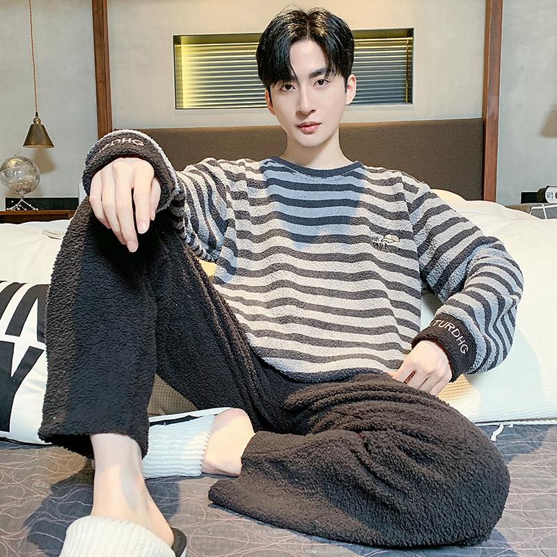半边绒睡衣男冬季长袖珊瑚绒加厚加绒冬天秋冬款男款家居服套装