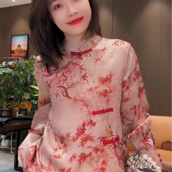 新中式国风大码小衫打底衫盘扣系扣上衣春秋唐装花衬衫国潮水墨画