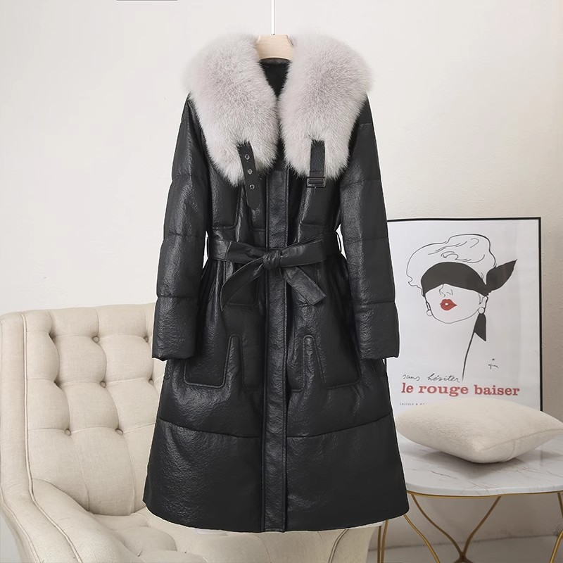 海宁冬季新款真皮羽绒女宽松洋气狐狸毛领海军领真皮绵羊皮外套