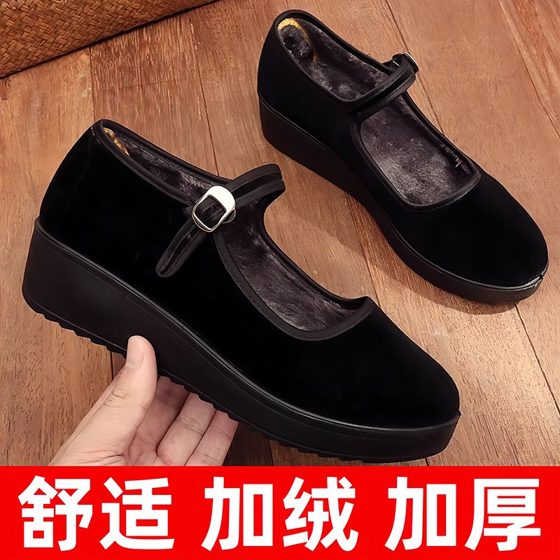 老北京布鞋女高跟加绒加厚工作鞋冬季酒店礼仪妈妈平底一带上班鞋