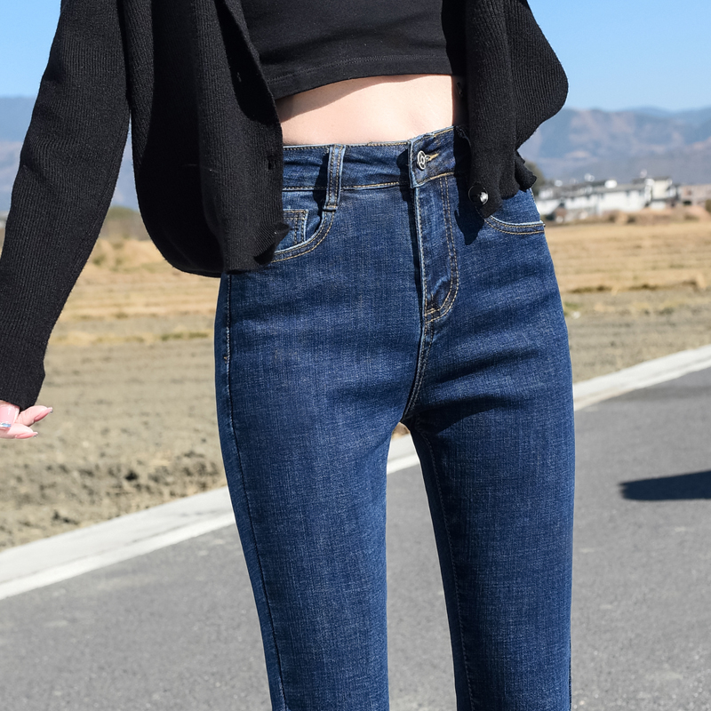 深蓝色牛仔裤女高腰2025年新款秋冬加绒弹力显瘦小脚小个子九分