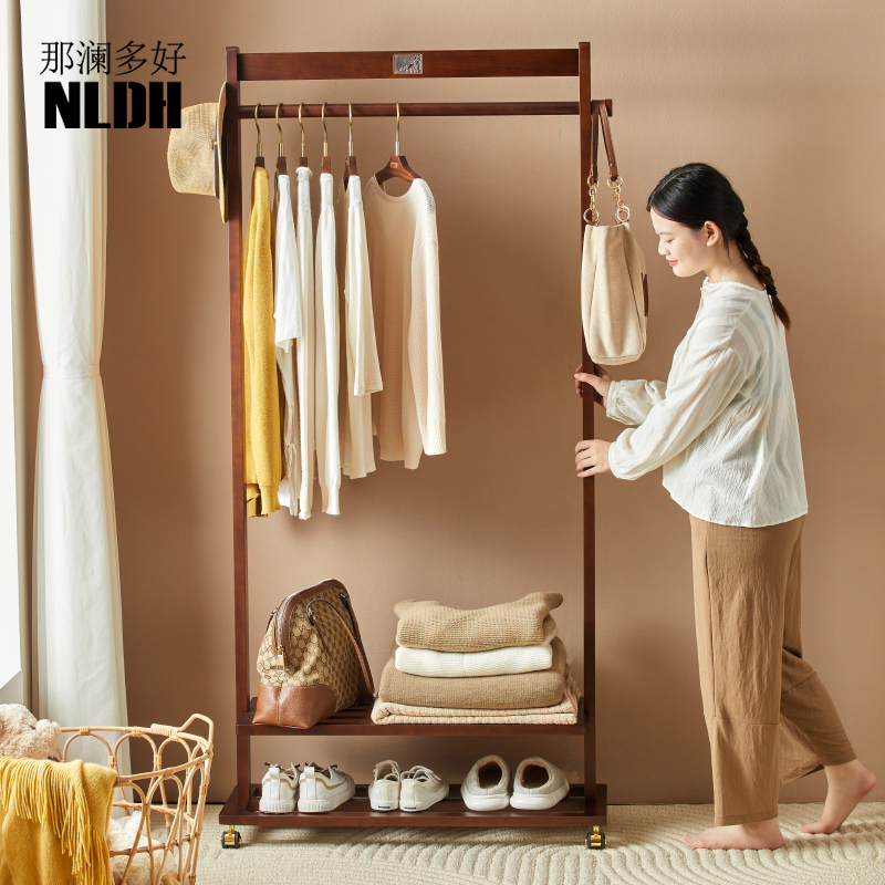 2025秋冬实木架衣帽架一体落地主卧室客厅家用玄关移动双杆挂衣架