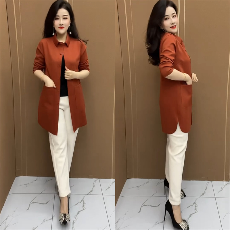 高端空气棉风衣春秋宽松显瘦中年妈妈中长款纯色衬衣洋气大码外套