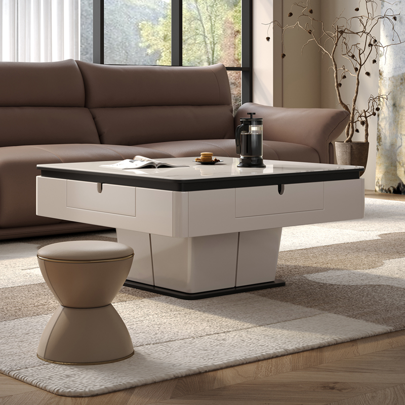 知歌岩板升降麻将桌中古简约全自动多功能茶几麻将机餐桌一体家用