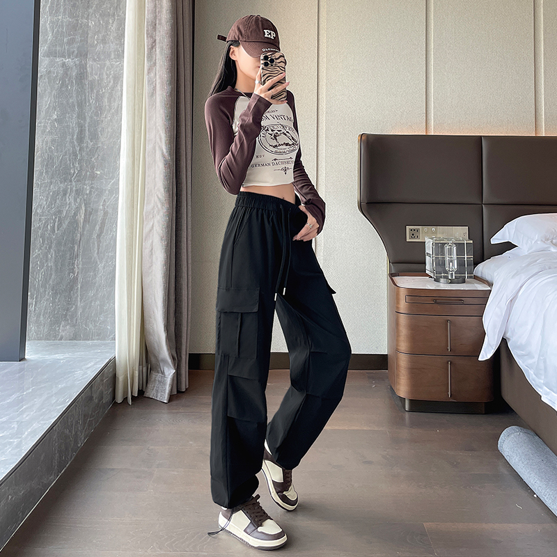 秋季新款高腰感工装裤女宽松直筒阔腿裤束脚休闲瘦版阔腿裤动裤