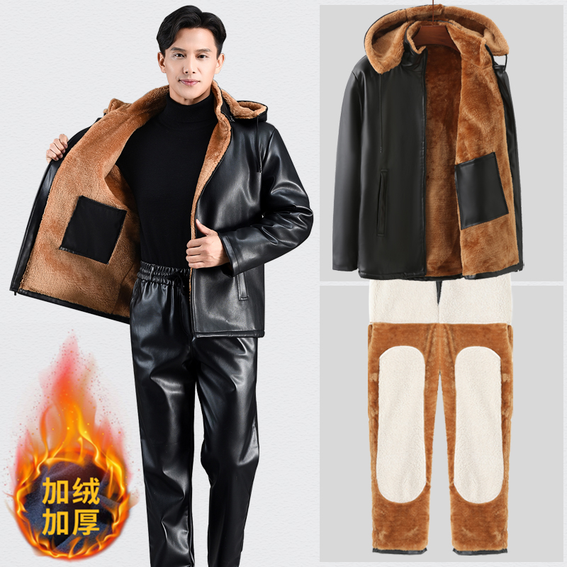 皮衣皮裤套装男士冬季加绒加厚代驾外卖骑行手防风保暖抗寒工作服