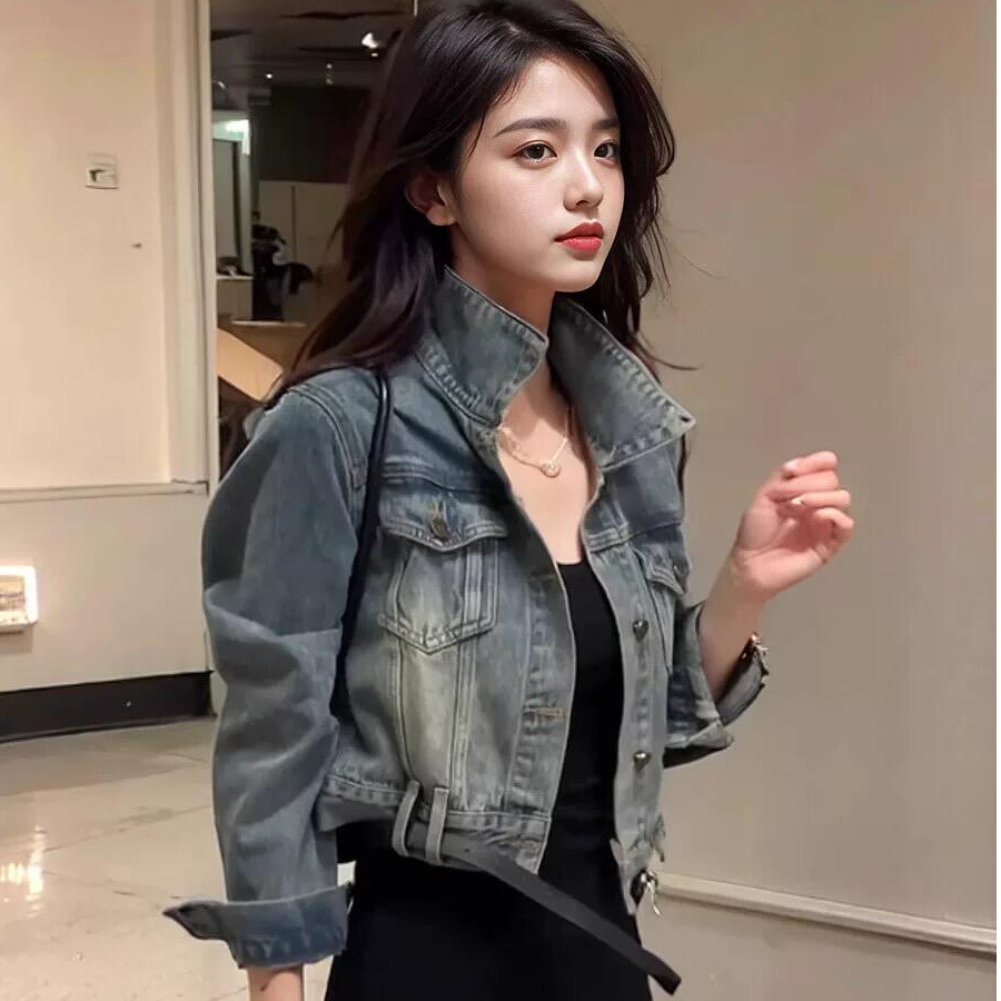 港风复古做旧水洗牛仔外套女秋季时尚个性别致短款百搭夹克上衣潮