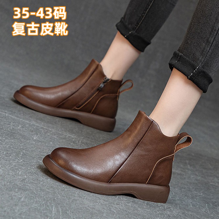 2023秋冬复古短靴真皮舒适合逛街牛皮靴时尚感大码马丁靴41-42-43