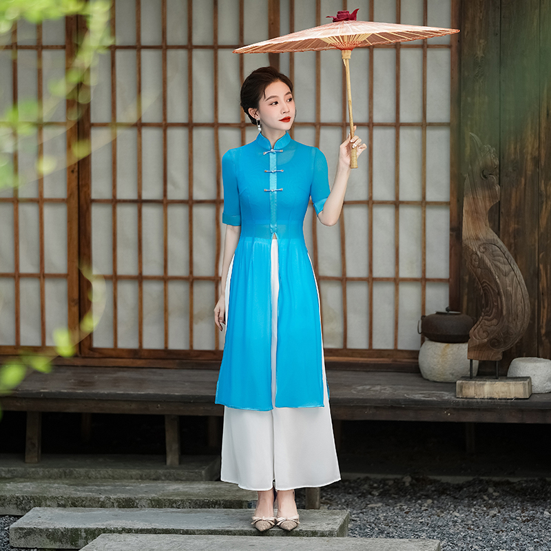 新中式古风网纱禅服中国风奥黛旗袍练功服舞蹈课程演出弹力纱套装