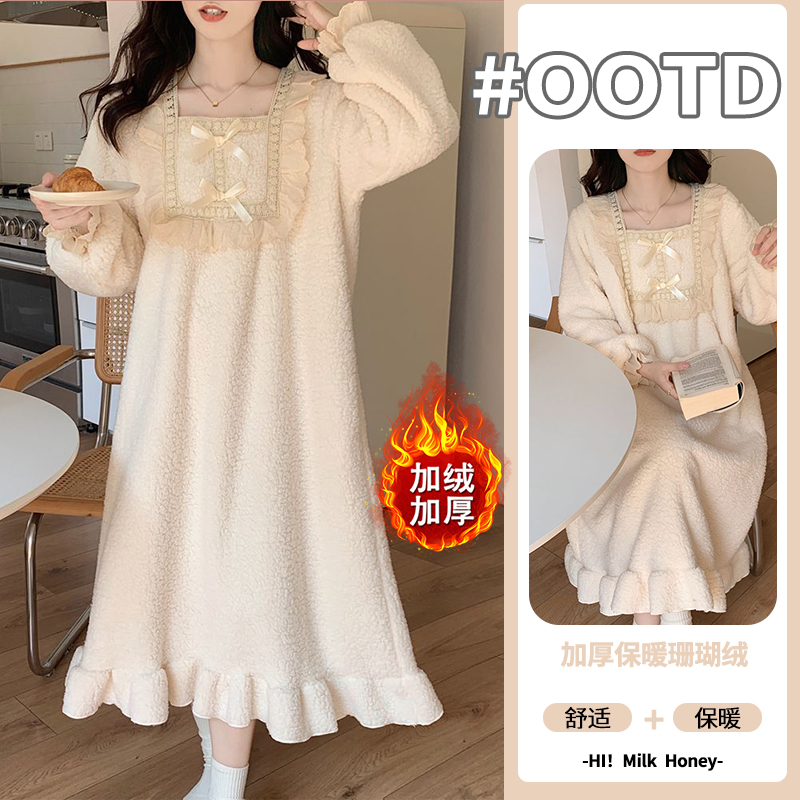 冬季珊瑚绒加厚加绒保暖长袖睡衣女学生甜美可爱长款睡裙可外穿