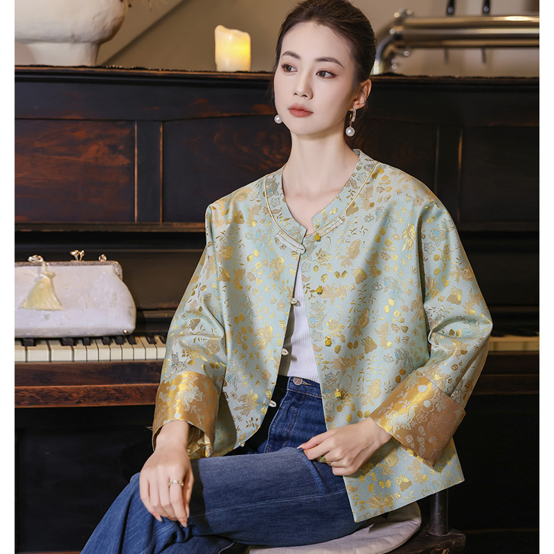 时尚圆领春季气质女上衣民族风休闲慵懒刺绣新中式新中式国风女装