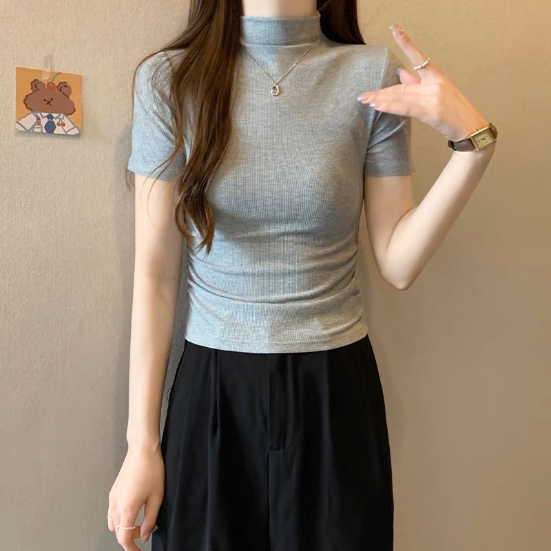 气质半高领百搭修身洋气打底T恤半袖短款内搭显瘦打底衫夏季-W