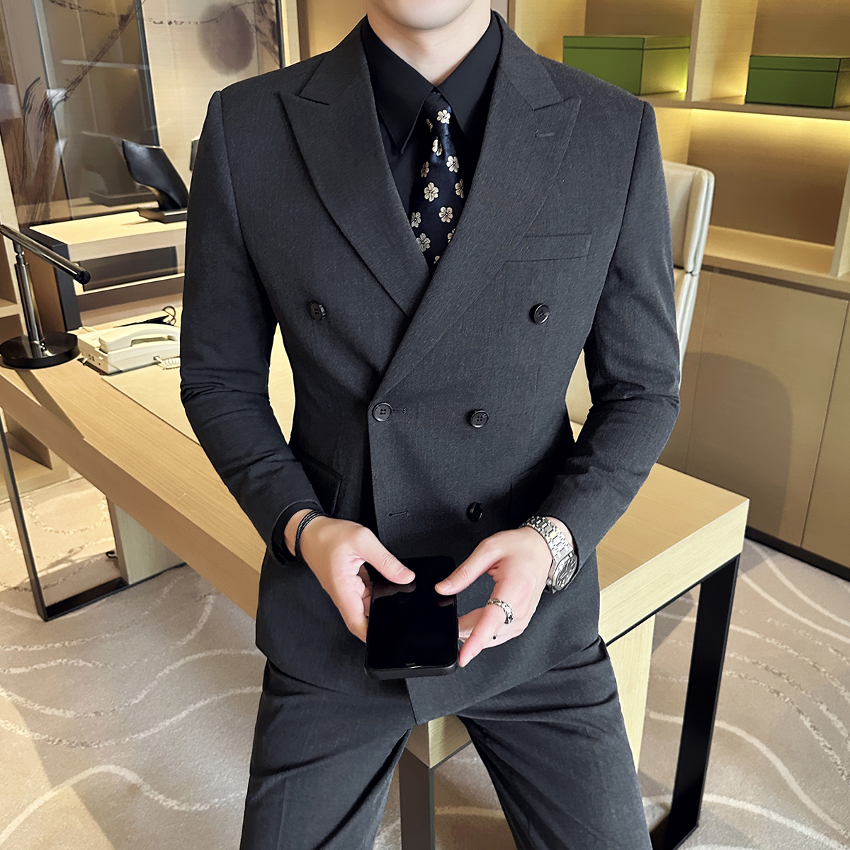 英伦风双排扣西装男款商务休闲正装新郎结婚礼服修身男士高档西服