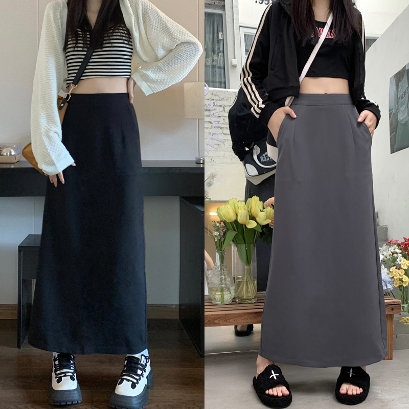 高个子口袋灰色半身裙2025夏季休闲女大码设计感高腰显瘦开叉长裙