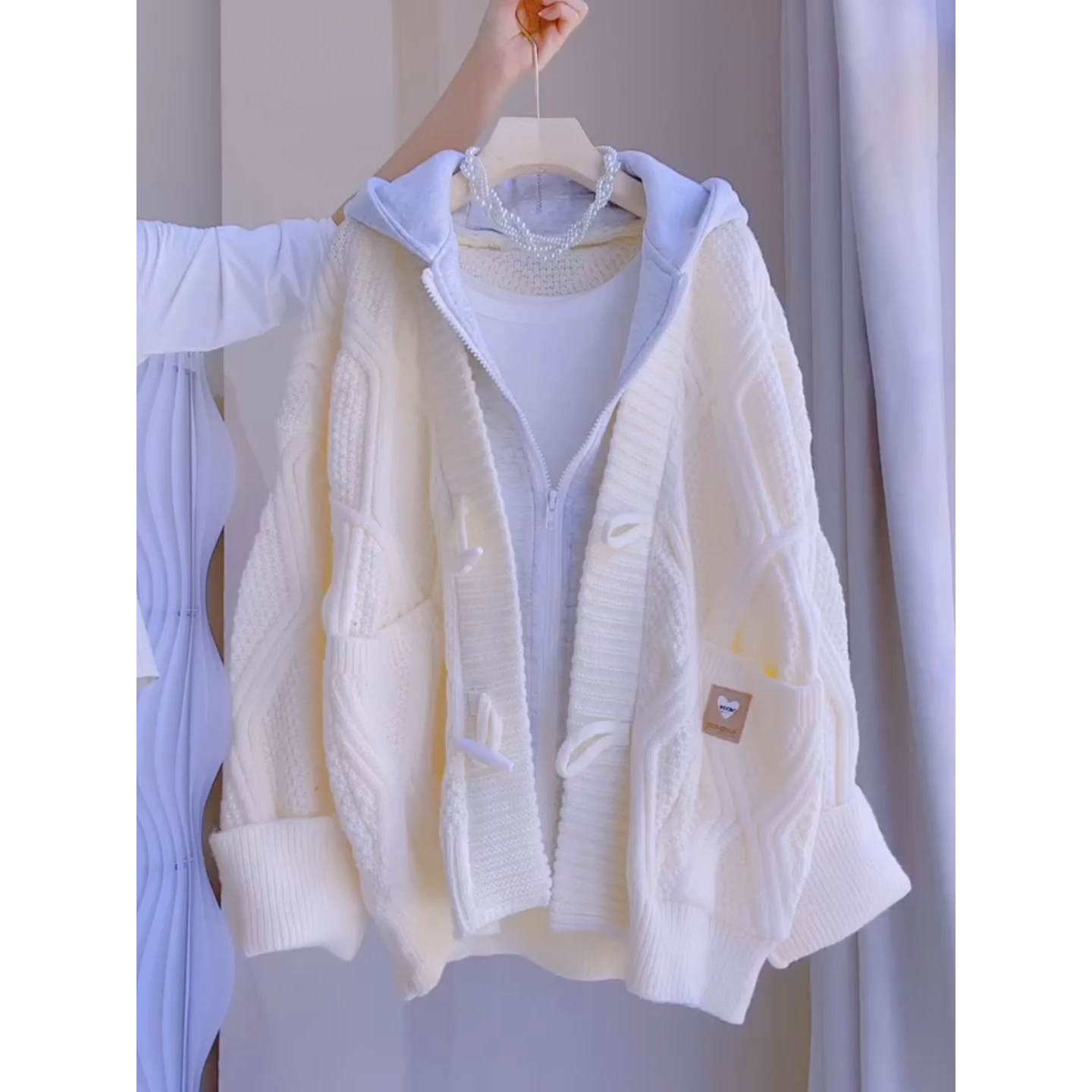 加大码300斤秋冬慵懒风毛衣男生开衫外套潮 连帽假两件针织衫上衣