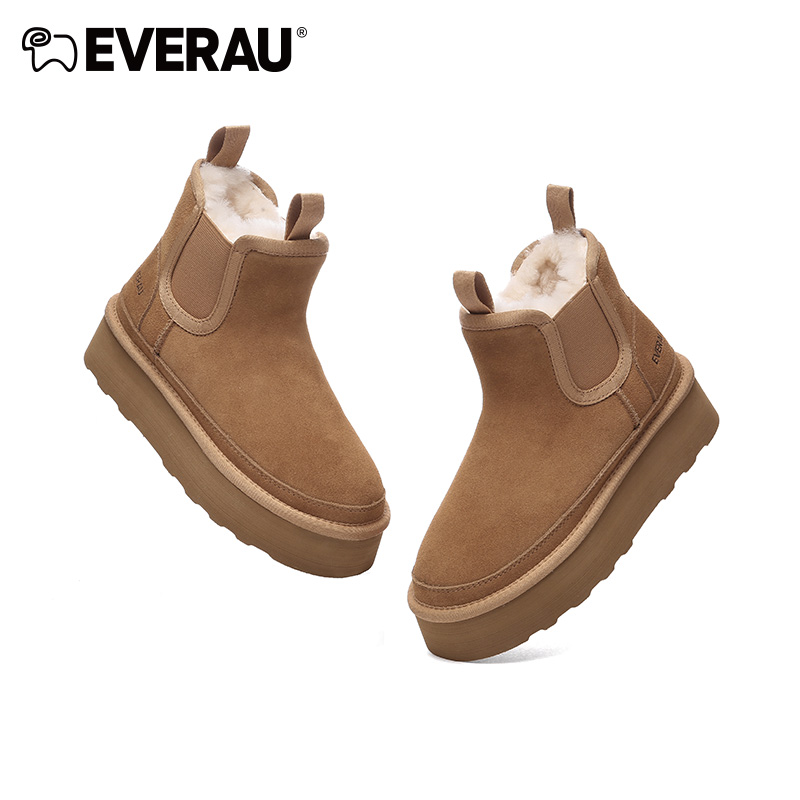 EVERAU冬季雪地靴女士皮毛一体切尔西厚底高帮时尚百搭保暖EA3129