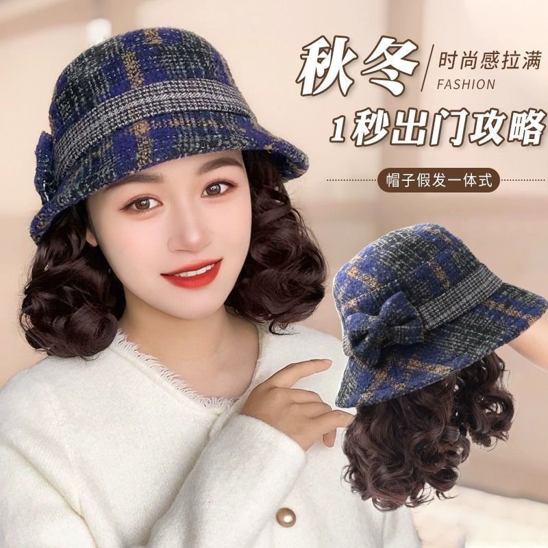 假发时尚帽子一体秋冬新款中老年妈妈呢帽百搭休闲礼帽渔夫帽卷发