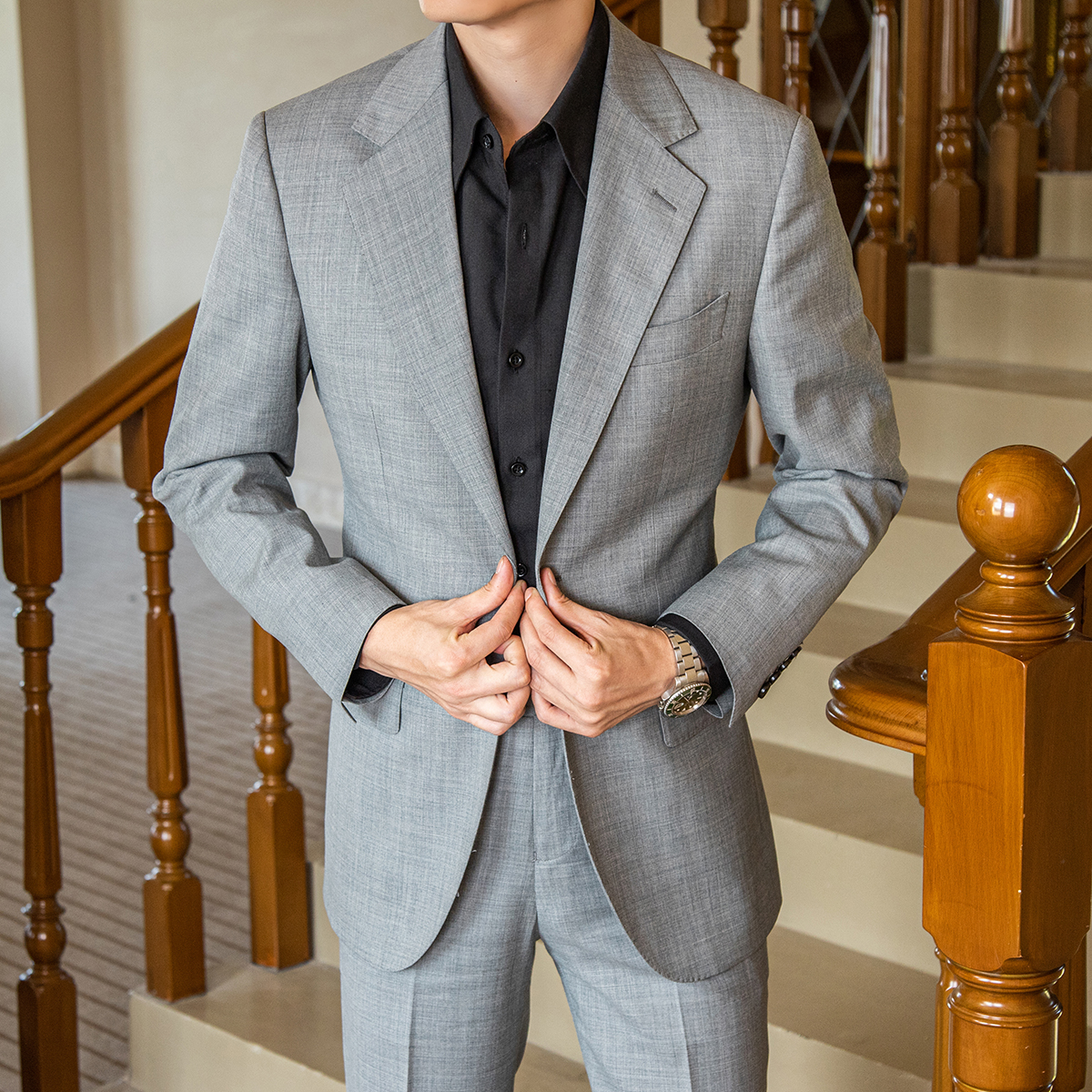 单西浅灰色男士高定意式修身收腰英伦西装商务休闲男士西服