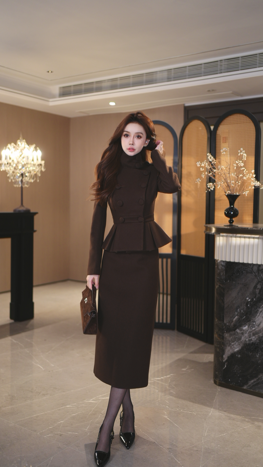 罗曼湾湾 时尚气质显瘦修身设计师高端呢子套装