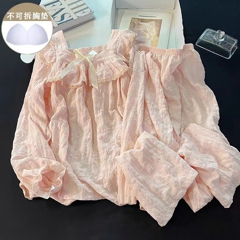 小个子带胸垫自带杯垫睡衣女春秋甜美长袖春秋款女士家居服套装