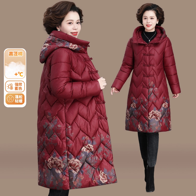 罗蒙妈妈冬装连帽棉衣中长款时尚宽松保暖棉服中老年女民族风棉袄