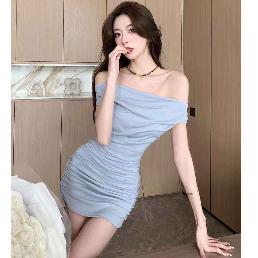 也猫定制 5甜辣风性感一字领露肩连衣裙女显瘦气质紧身包臀裙法式