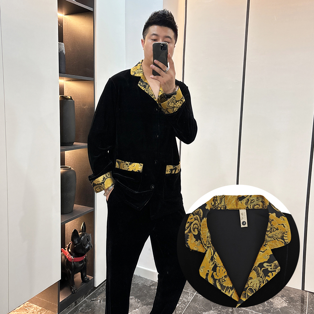 金丝绒男士大码睡衣套装2025秋季款弹力大码撞色可外穿家居服潮男