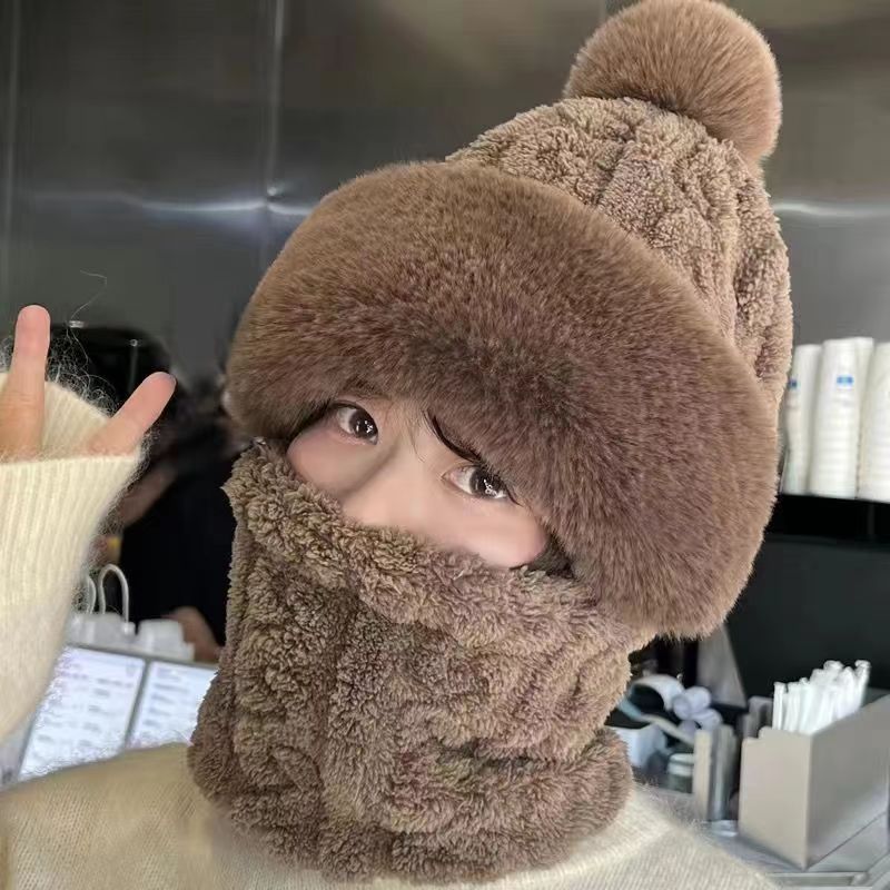 冬款升级提花纹加绒加厚大毛领围脖帽百搭保暖防寒一体帽