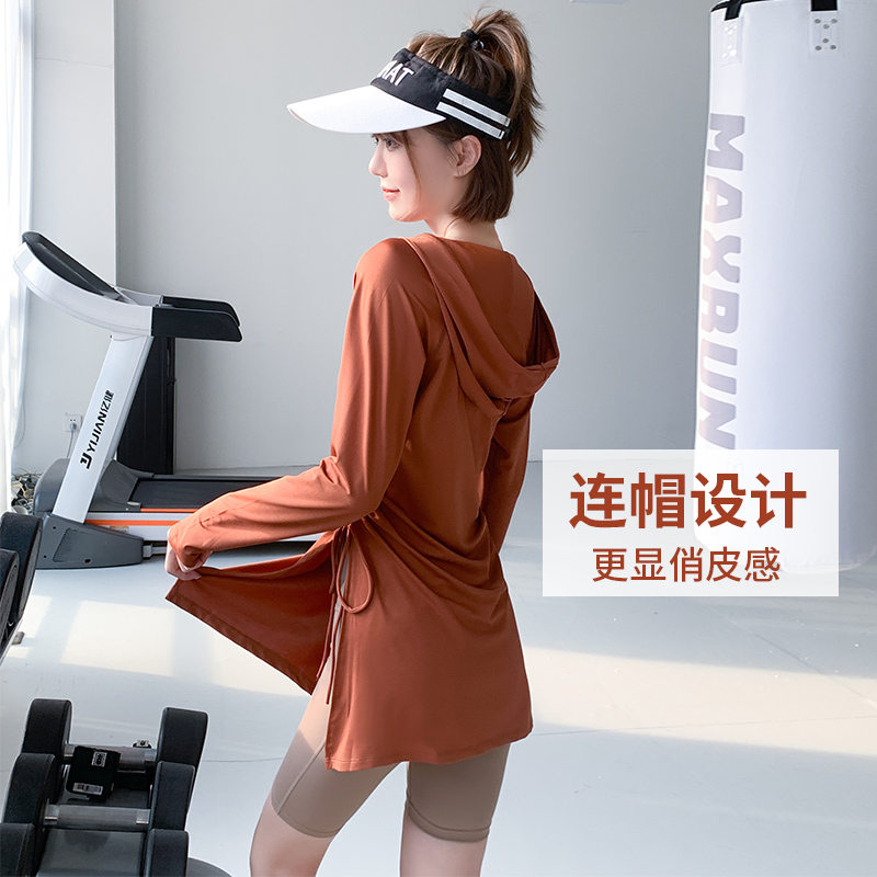 大码健身服瑜伽服速干衣运动上衣微胖女连帽长袖加长修身跳操达