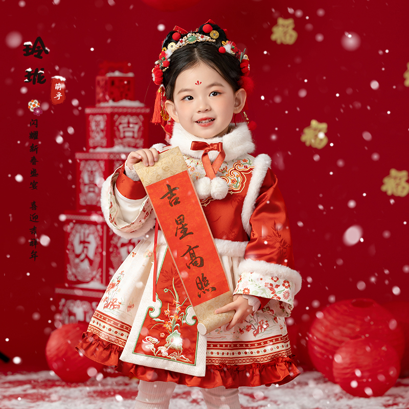 萌乎【玲珑】女童国风洛丽塔加棉加厚拜年服连衣裙女宝新战袍244515