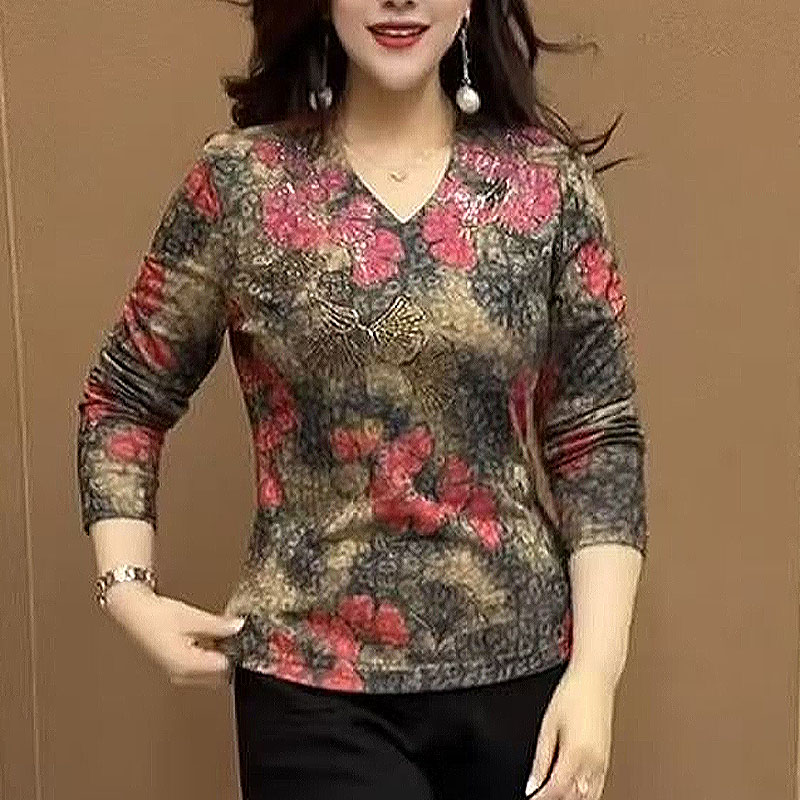 5486高级感V领大码打底衫女装2025秋季新款200斤内搭套头T恤上衣