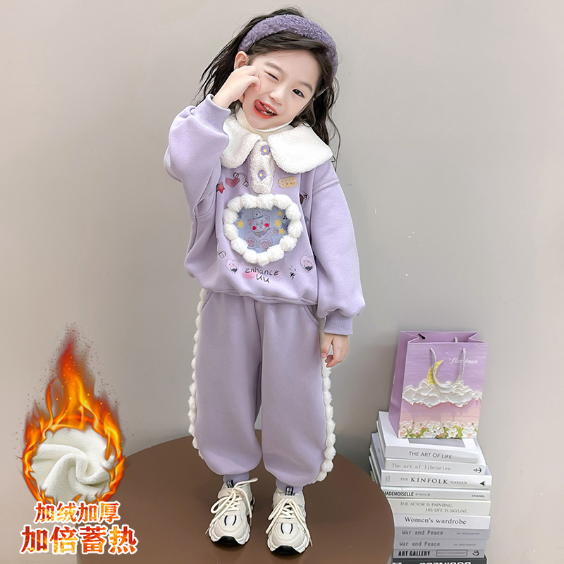 女童秋冬加绒套装2025洋气宝宝新款卡通加厚卫衣两件套韩版洋气