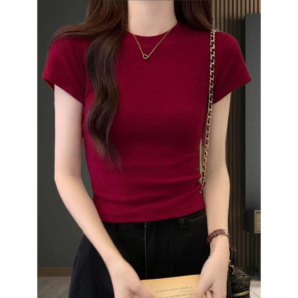 【爱雅者】辣妹正肩酒红色短袖t恤女夏季针织修身显瘦纯色短款上衣1