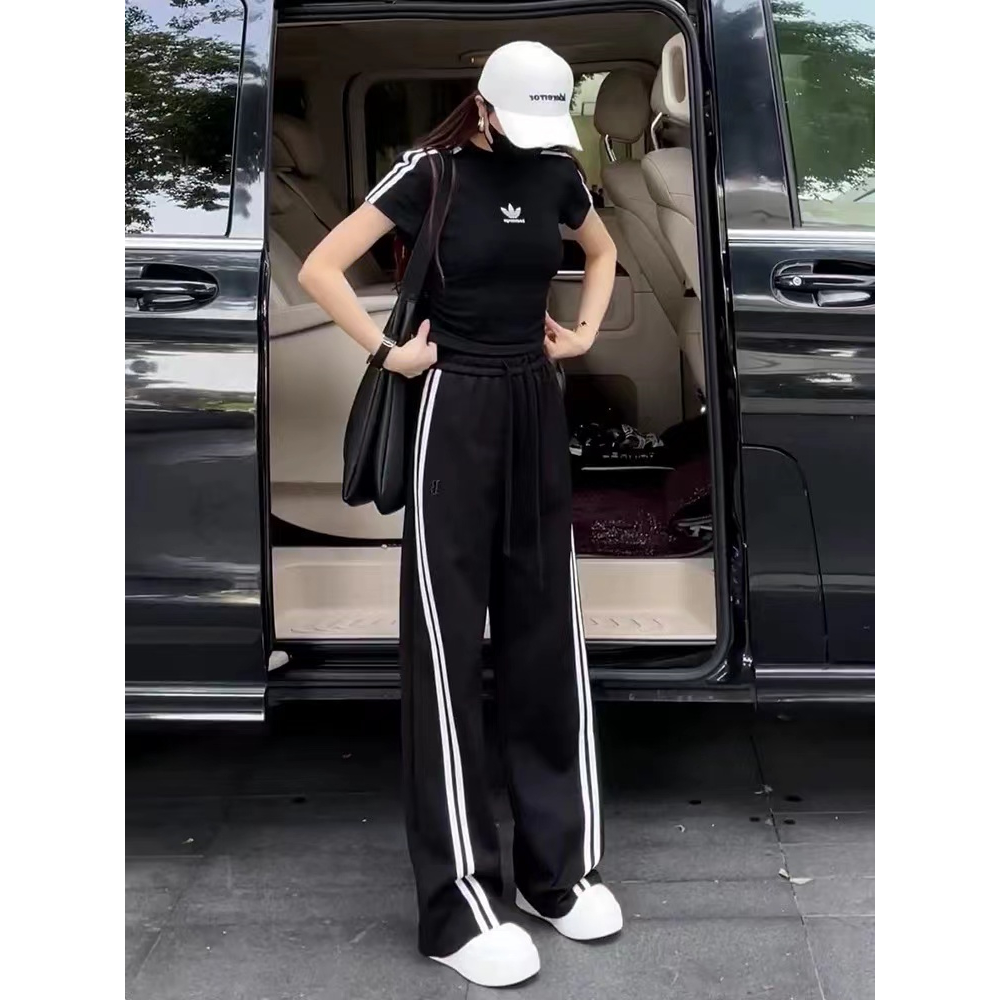 仙梦语黑色休闲运动套装女夏洋气显瘦港风百搭修身T恤高腰阔腿裤