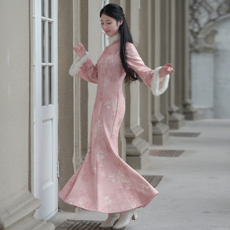 尘记【夕君】气质鱼尾大裙摆旗袍修身显瘦改良年轻款少女加绒秋冬款