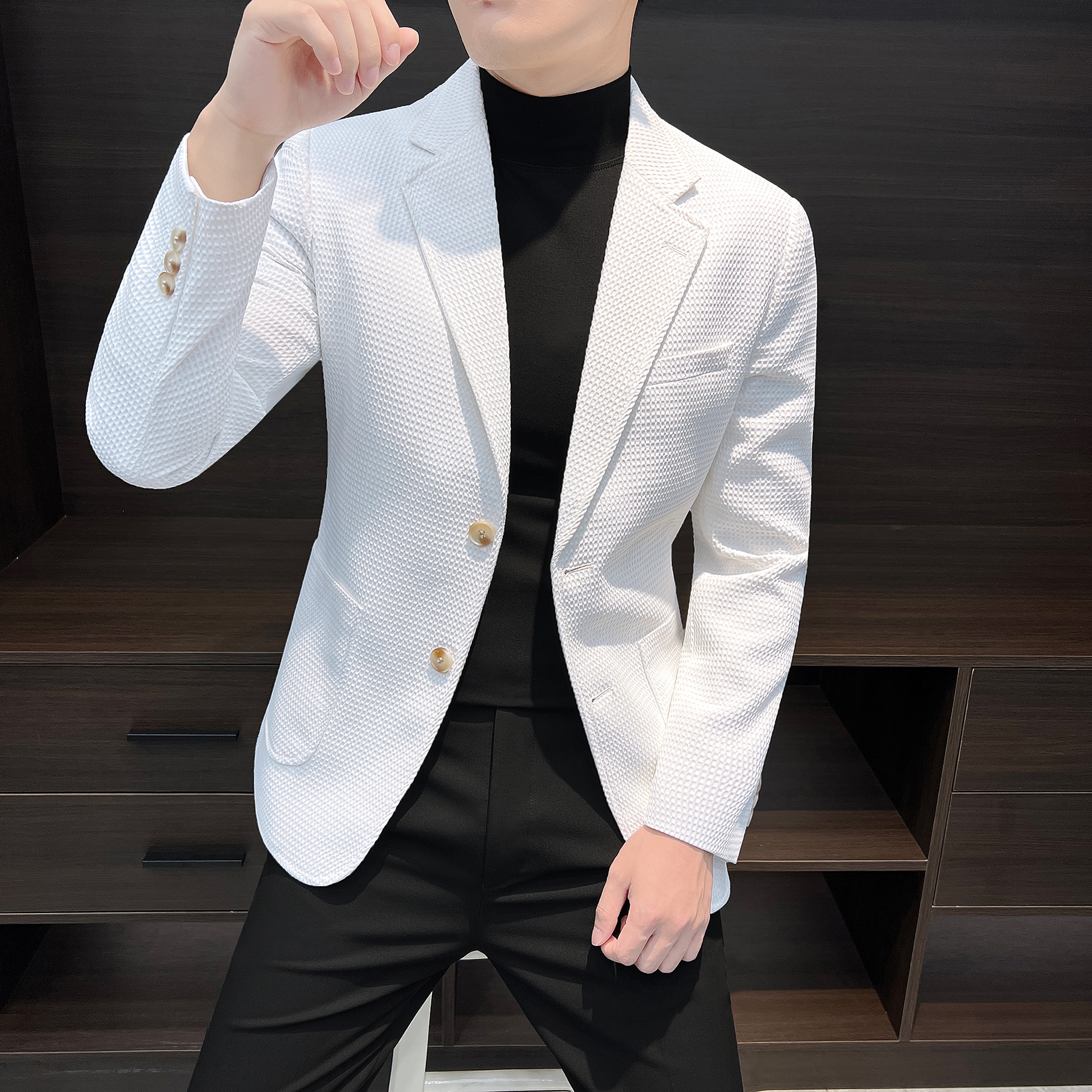 华夫格西装外套男款爆款2025新款衣服男装秋季款格子男士休闲西服