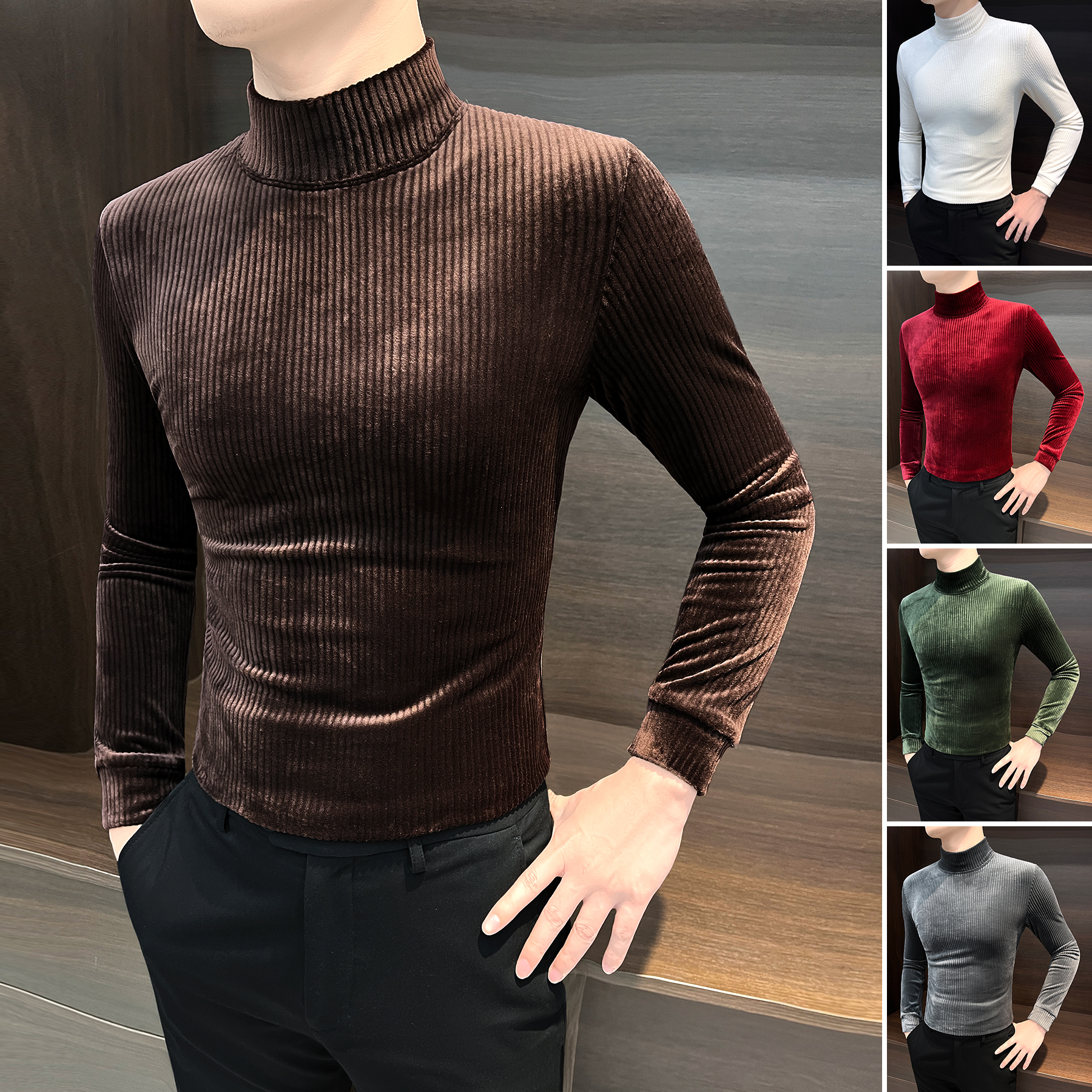 半高领金丝绒男士长袖t恤2025新款痞帅男装秋季款条纹男款打底衫