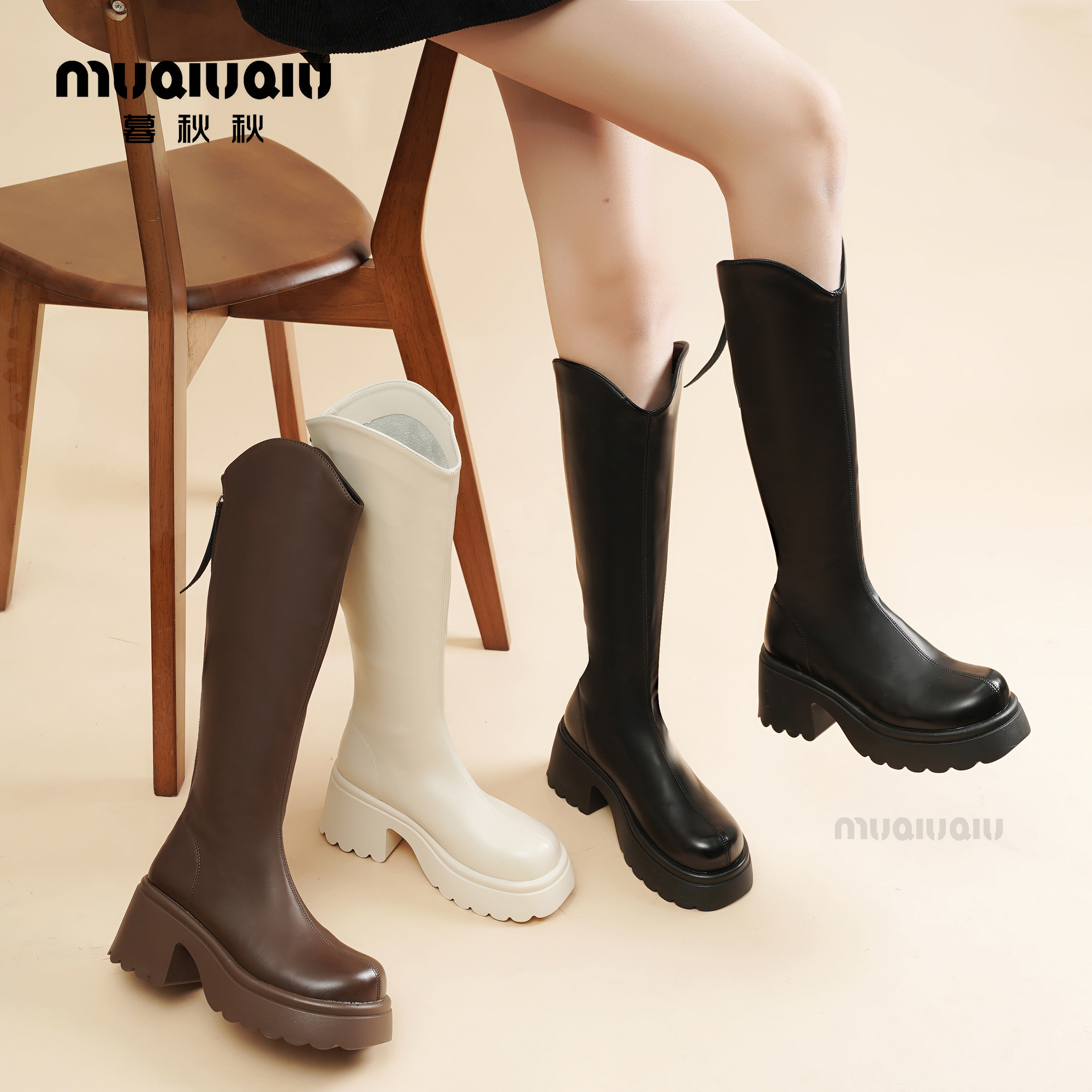 暮秋秋厚底不过膝v口长筒靴女秋冬新款骑士靴小个子ins增高瘦瘦靴