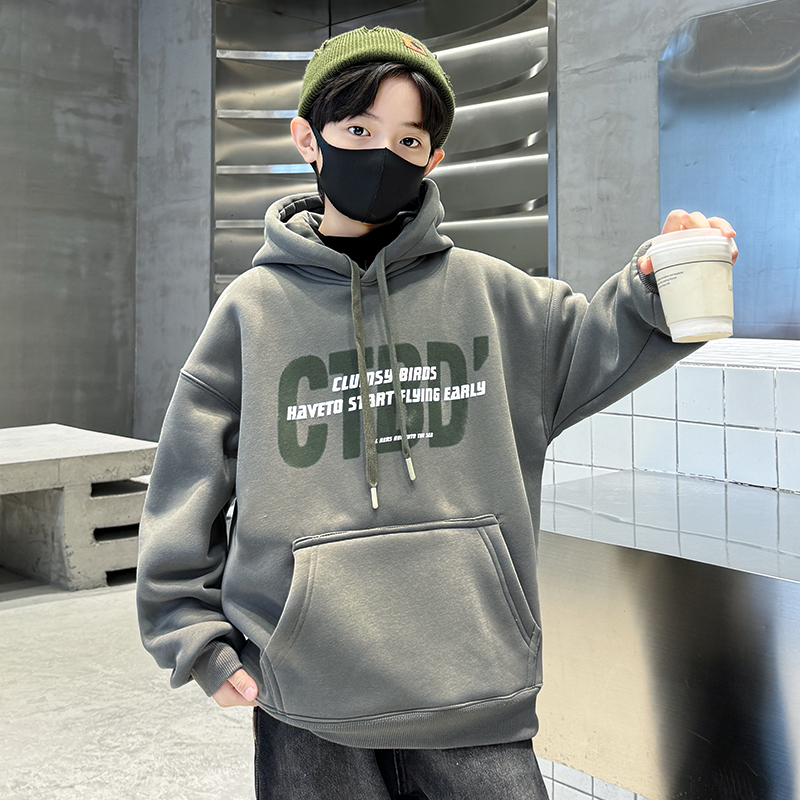 儿童装男童加绒卫衣连帽6-15岁8男孩上衣12中大童秋冬季加厚潮流