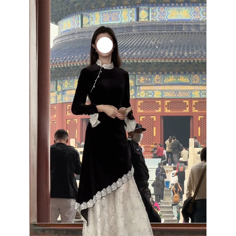 高个子新中式连衣裙春款女装新款加长版丝绒长裙高级感超长旗袍裙